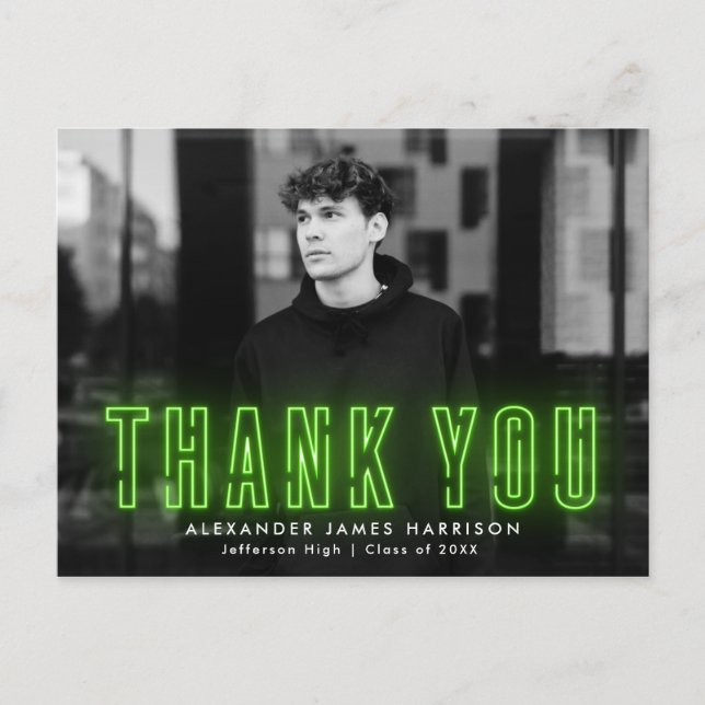 Modern Lime Green Neon Photo Graduation Thank You Postcard (Front)