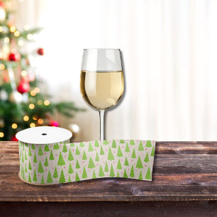 Modern Lime Green Pink Christmas Trees Watercolor Satin Ribbon