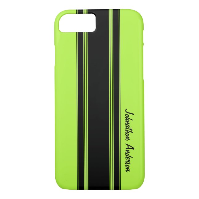 Modern Lime Green Racing Stripes With Name Case-Mate iPhone Case (Back)