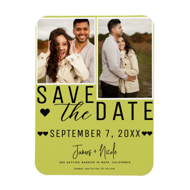 Modern Lime Green Save the Date 2 Photo Wedding Magnet (Vertical)