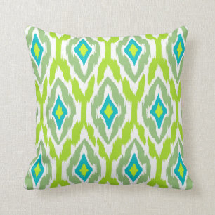 Modern lime green teal Ikat Tribal Pattern 1a Cushion