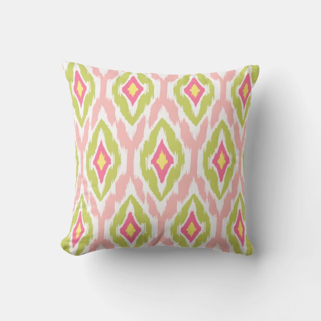 Modern lime pink fuchsia Ikat Tribal Pattern 1a Cushion (Front)
