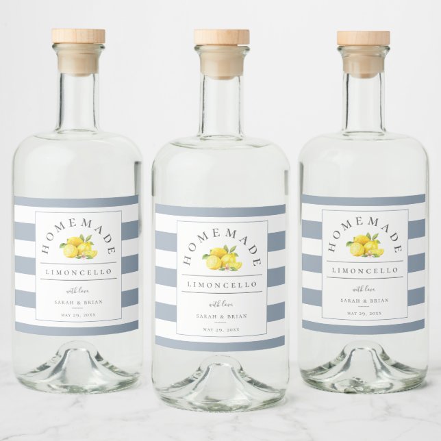 Modern Limoncello Dusty Blue Stripe Beverage Label (Bottles)