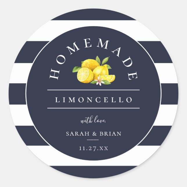 Modern Limoncello Navy Blue Stripe Classic Round Sticker (Front)