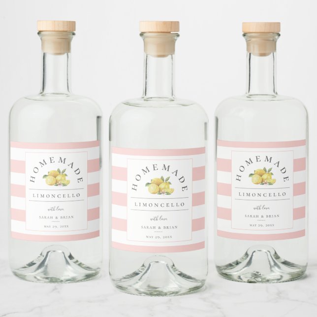 Modern Limoncello Pastel Pink Stripe Liquor Bottle Label (Bottles)