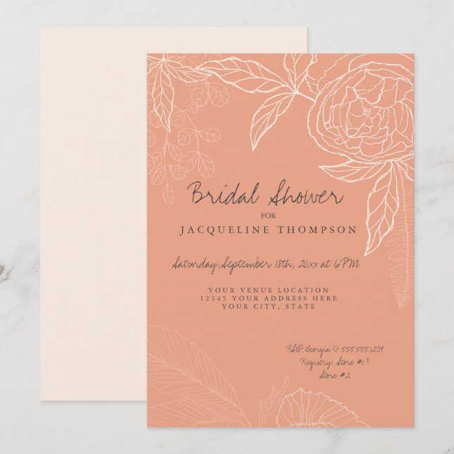 Modern Line Art Blush Peach Floral Peony Bridal Invitation (Front/Back)