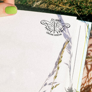 Modern Line Art Butterfly Ex Libris Book  Rubber Stamp