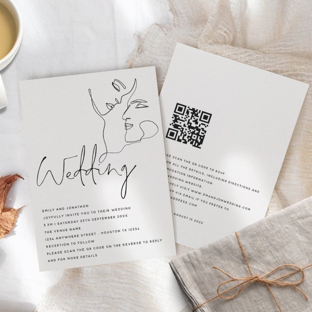 Modern Line Art Faces Black White QR Wedding Invitation (Creator Uploaded)
