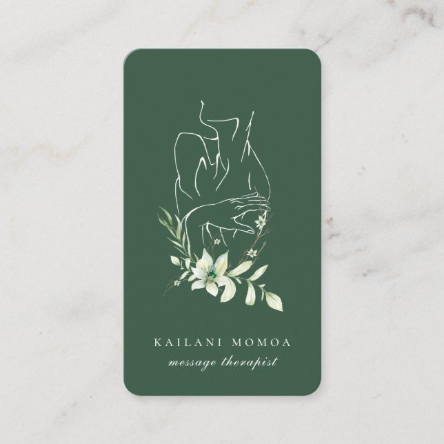 Modern Line Art Feminine Floral Green Business Card (Front)