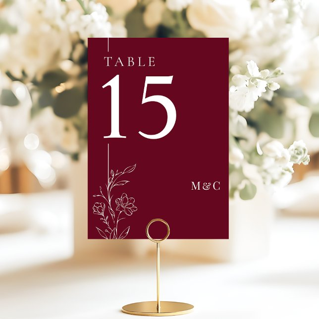 Modern Line Art Floral Burgundy Elegant Wedding Table Number (Creator Uploaded)