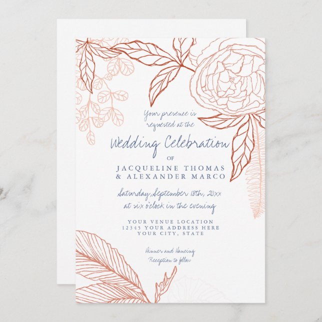 Modern Line Art Floral Peony Leaf Navy Orange Invitation (Front/Back)