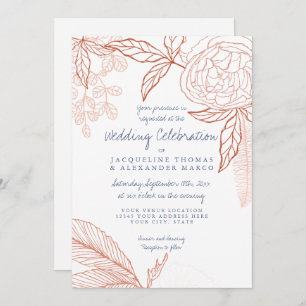 Modern Line Art Floral Peony Leaf Navy Orange Invitation