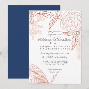 Modern Line Art Floral Peony Navy Orange Leaf Invitation