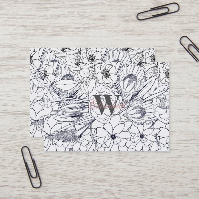 Modern Line Art Hand Drawn Floral Girly Design Business Card (Front/Back In Situ)