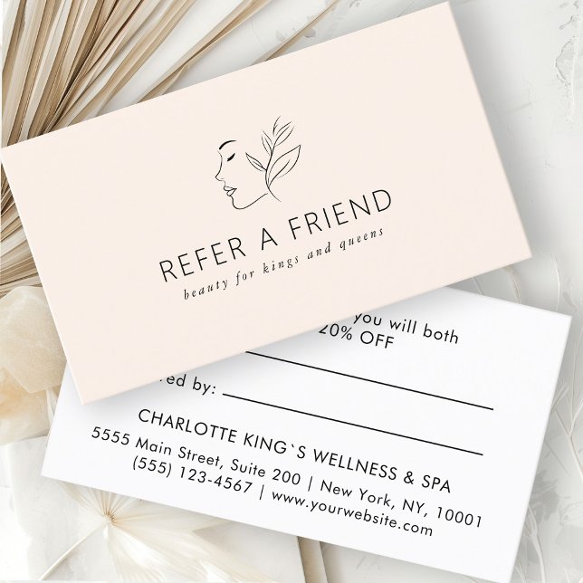 Modern, Line Art, Woman, Leafy, Salon, Beige Referral Card (Creator Uploaded)