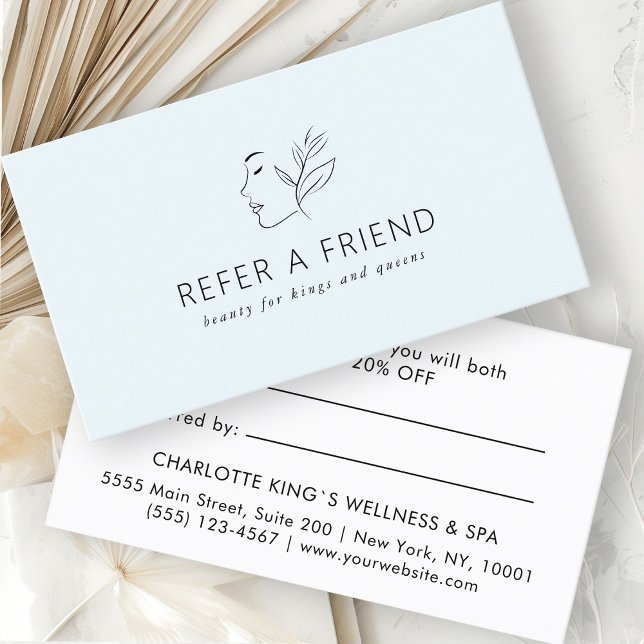 Modern, Line Art, Woman, Leafy, Salon, Light-Blue Referral Card (Creator Uploaded)