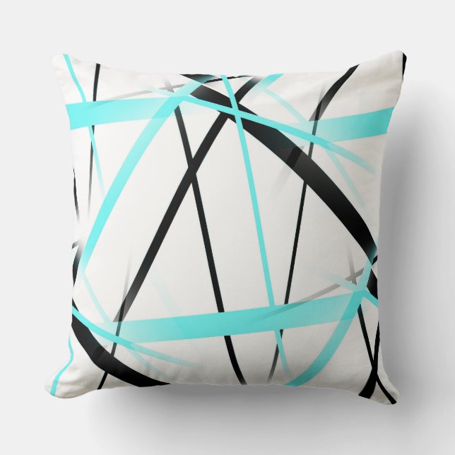 Modern Line Cool Geometry White Black Aqua-Blue Cushion (Front)
