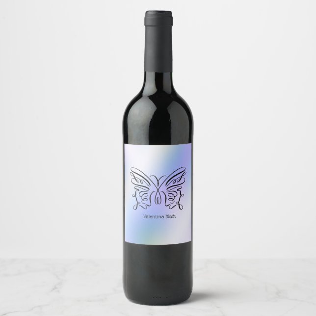 Modern Line Drawing Butterfly Blue Holographic Wine Label (Front)