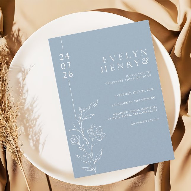 Modern Line Floral Dusty Blue Wedding Invitation (Creator Uploaded)