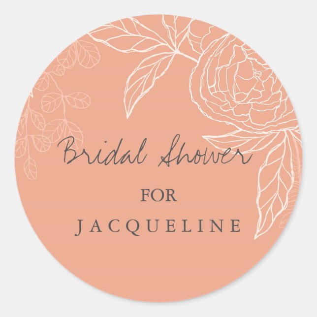 Modern Line Work Floral Sketch Peach Bridal Shower Classic Round Sticker (Front)