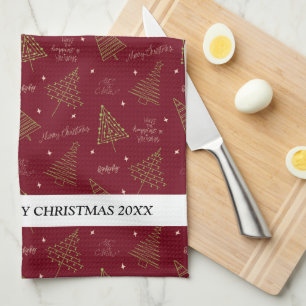 Modern lineart Christmas Trees with Family Name Tea Towel