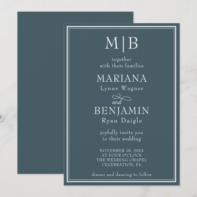 Modern Lined Border Minimalist Boho Blue Wedding Invitation (Front/Back)