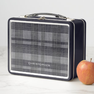 Modern Linen Plaid Pattern with Name - black grey Metal Lunch Box