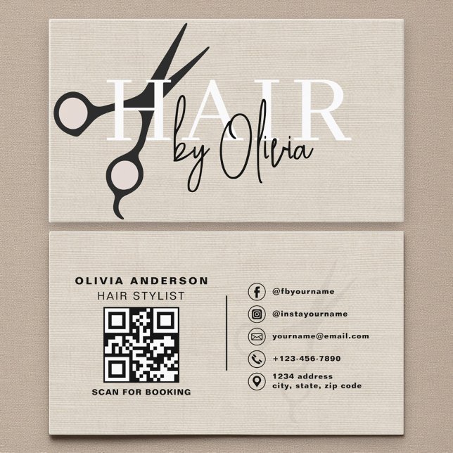 Modern Linen Scissors QR Code Hair Stylist  Business Card (Creator Uploaded)