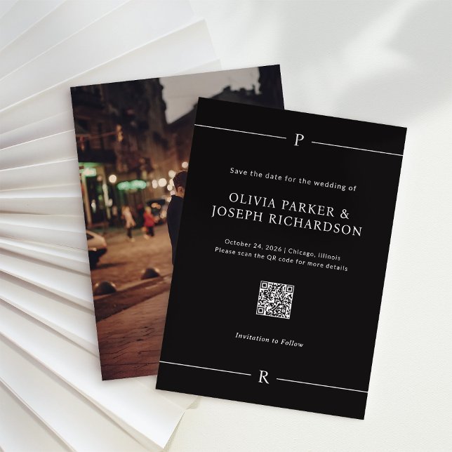 Modern Lines and Monogram Black QR Code and Photo Save The Date (Creator Uploaded)
