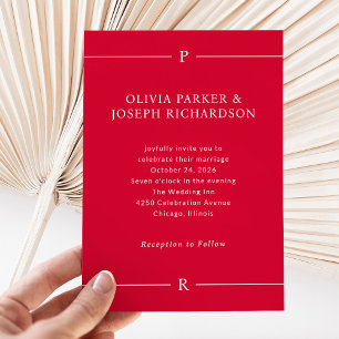 Modern Lines and Monogram Cherry Red Wedding Invitation