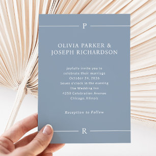 Modern Lines and Monogram   Dusty Blue Wedding Invitation