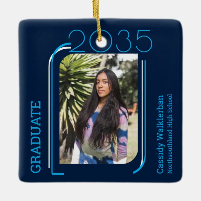 Modern Lines Blue Photo Graduation Ceramic Ornament (Front)