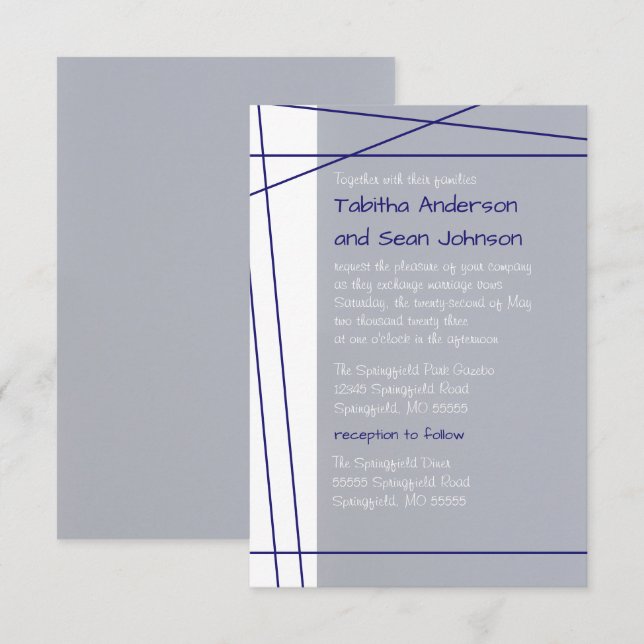 Modern Lines Navy -3x5 Wedding & Reception Invite (Front/Back)