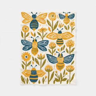 Modern Linocut Honeybee & Wildflower Design - Retr Fleece Blanket