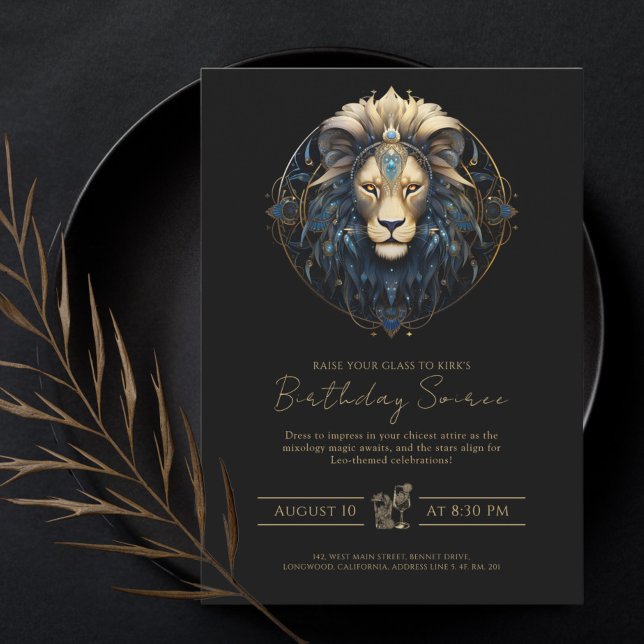Modern Lion Zodiac Symbol Black Gold Sun Sign Leo Invitation (Creator Uploaded)