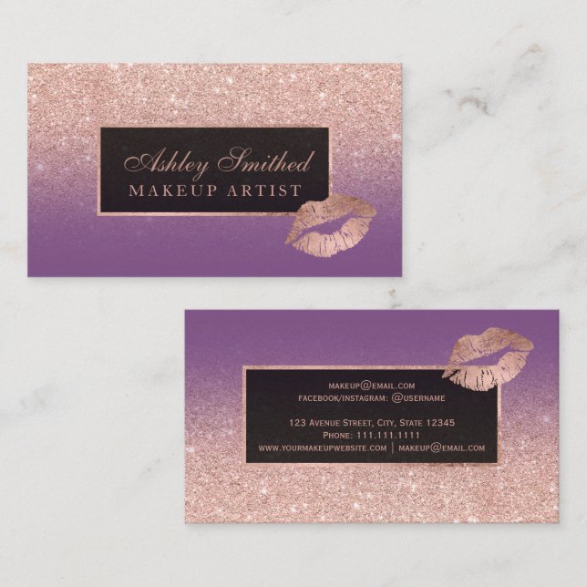 Modern lips rose gold glitter purple ombre makeup business card (Front/Back)