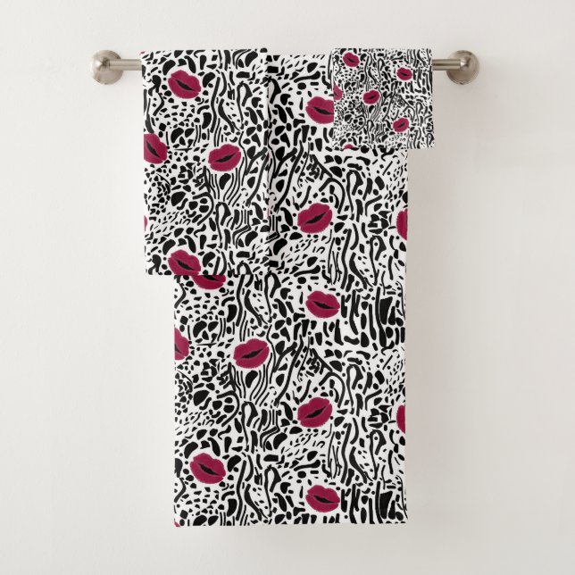 Modern Lipstick Lips B&W Pattern Bath Towel Set (Insitu)