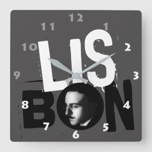 MODERN LISBON TEXT WITH FERNANDO PESSOA PORTRAIT SQUARE WALL CLOCK