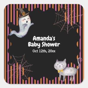 Modern Little Boo Ghost Cat Baby Shower Square Sticker