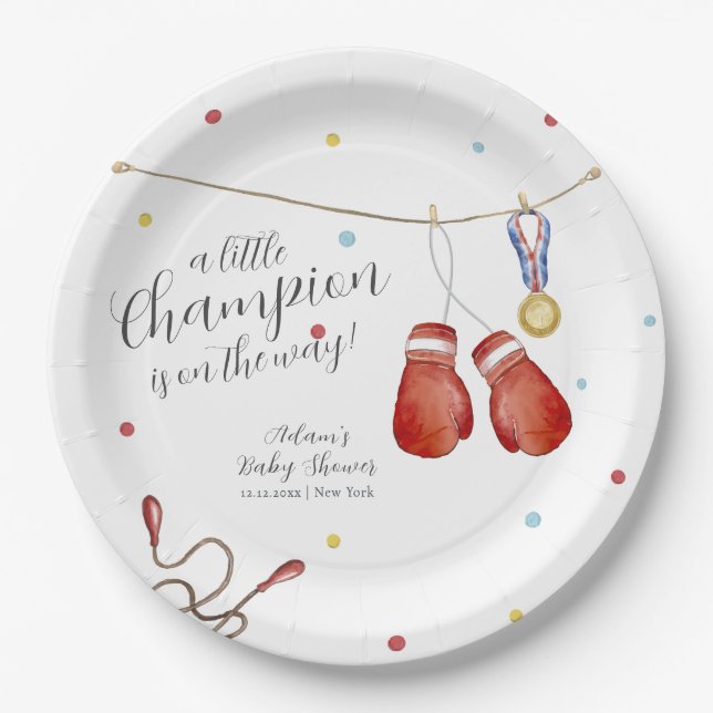Modern Little Champion Boxing Sport Baby Shower Paper Plate (Front)