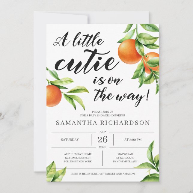 Modern little cutie is on the way orange baby girl invitation (Front)