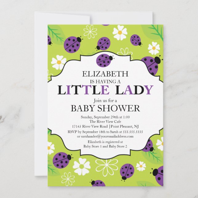 Modern Little Lady Purple Ladybug Baby Shower Invitation (Front)