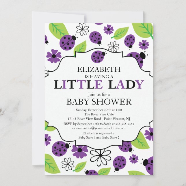 Modern Little Lady Purple Ladybug Baby Shower Invitation (Front)