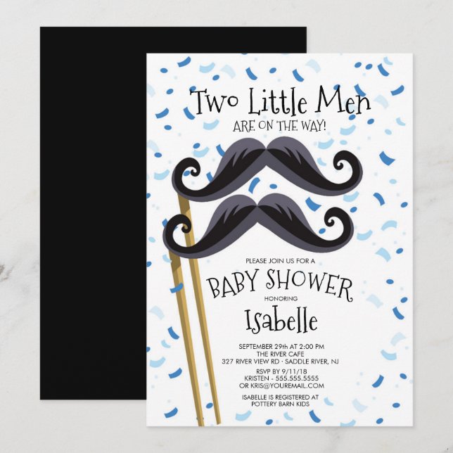 Modern  Little Men Moustache Twins Baby Shower Invitation (Front/Back)