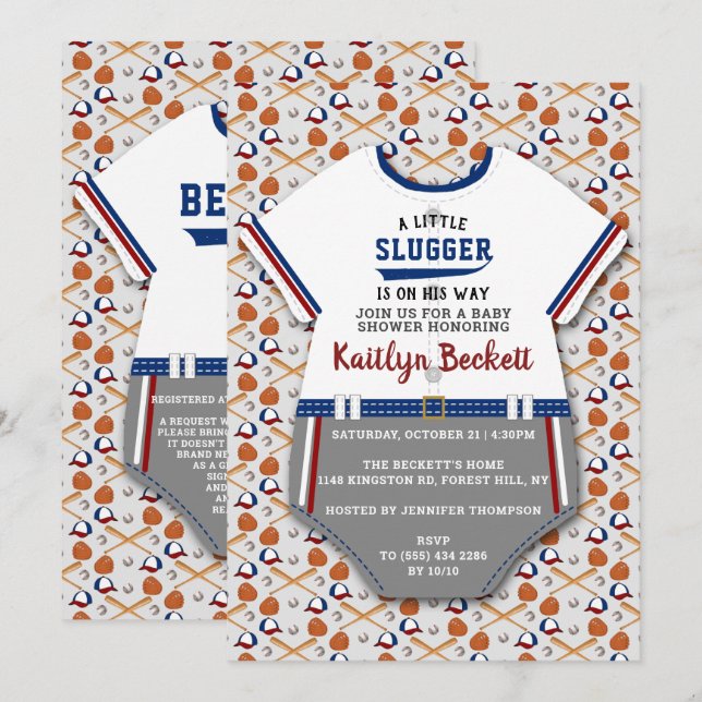 Modern "Little Slugger" Baseball Boys Baby Shower Invitation (Front/Back)