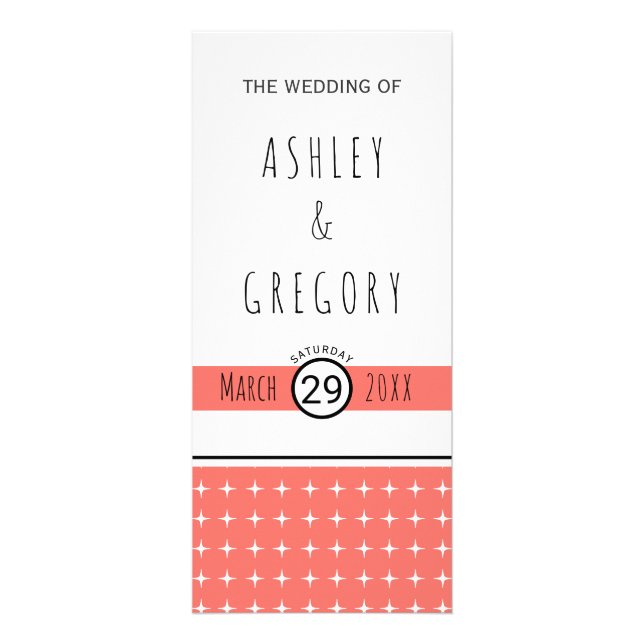 Modern living coral typography wedding program rack card (Front)