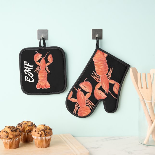 Modern Lobster Hand Painted Pattern Oven Mitt & Pot Holder Set (Insitu(Hanging))