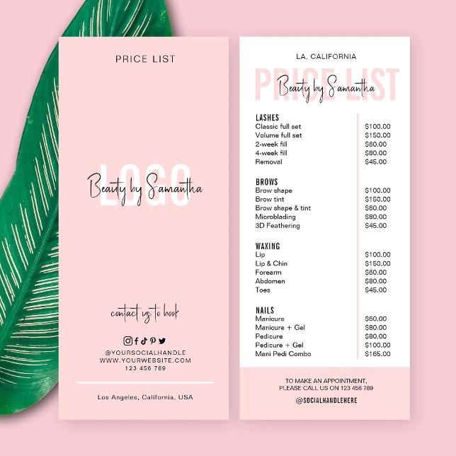 Modern Logo Blush Pink Lashes Beauty Price List Rack Card (Creator Uploaded)