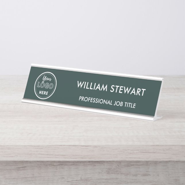 Modern Logo Dark Green Employee Staff Minimalist Desk Name Plate (Front)