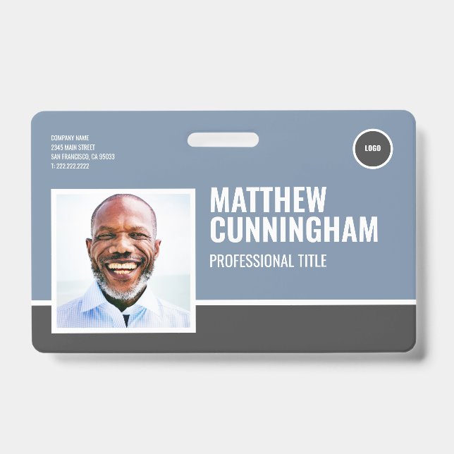 Modern Logo Employee Photo Name Barcode Horizontal ID Badge (Front)